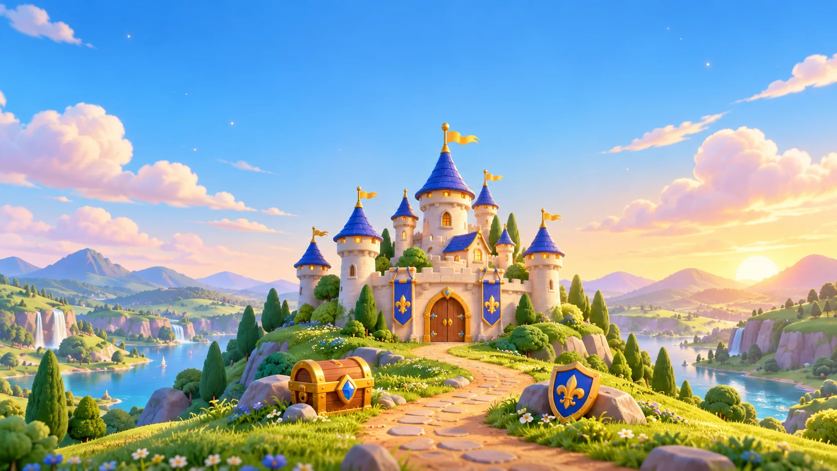 HomeQuest’s sunlit fantasy kingdom, with a castle, rolling hills and a treasure chest